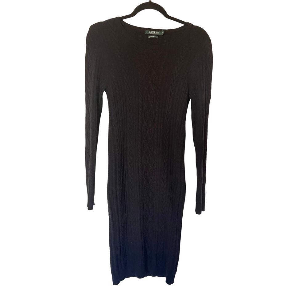 Lauren Cashmere Blend Cable Knit Black Sweater Dress SZ M​
